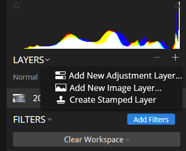 Layers menu in Luminar with "Add Filters" option selected