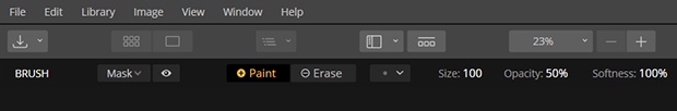 Brush control menu on top bar of Luminar screen
