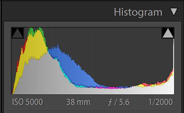 Camera settings histogram showing a high ISO of 5000, a 38mm focus, an aperture of f/5.6 and a shutter speed of 1/2000.