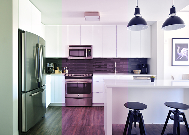 Split kitchen image showing cyan, magenta, and green color casts caused by incorrect lighting