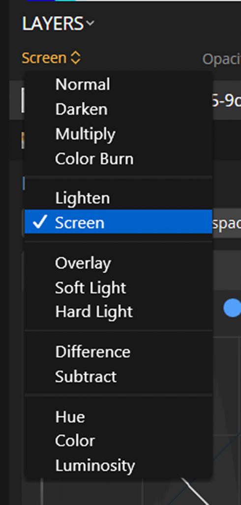 Luminar Layers options with Screen option selected