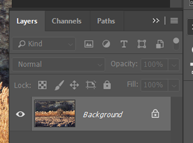 Layers panel in Photoshop with locked background layer of original image