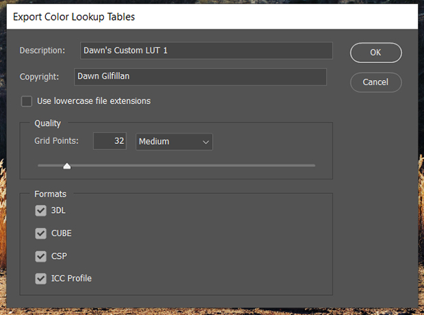 Export Color Lookup Tables dialog box in Photoshop