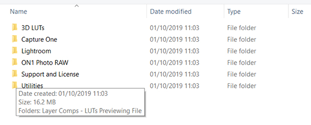 Internal contents of downloaded LUT folder