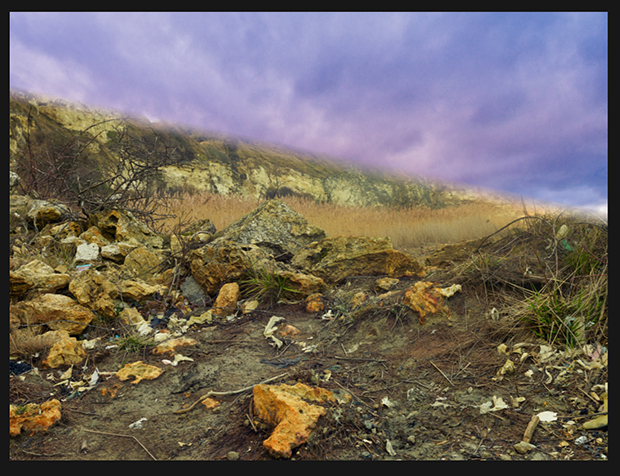Rough composite image of original landscape with pink and purple sky