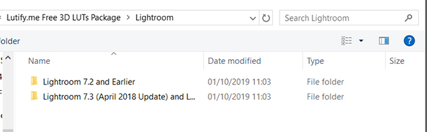 Contents of Lightroom folder inside LUT download