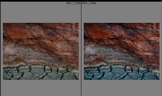 Before and after comparison of Lightroom LUT applied to original landscape image