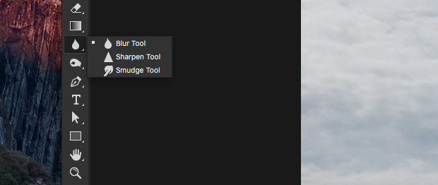 Blur Tool, Sharpen Tool and Smudge Tool in Photoshop toolbar