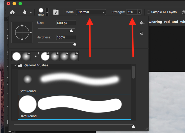 Mode and Strength brush options in Photoshop's upper toolbar