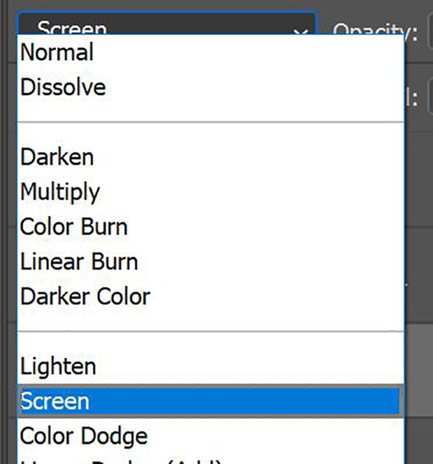 Photoshop's blending mode options in drop-down menu with "Screen" selected in blue