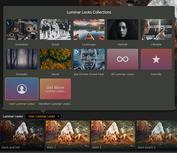 Luminar Looks Collections with User Luminar Looks film strip at bottom