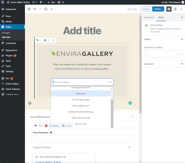 Load gallery to Envira Gallery block in WordPress