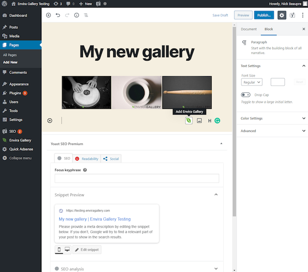 New gallery made in WordPress using Envira Gallery and Block Editor