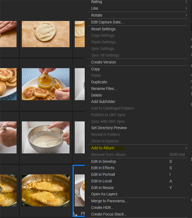 how to organize photos with on1 photo raw add to album