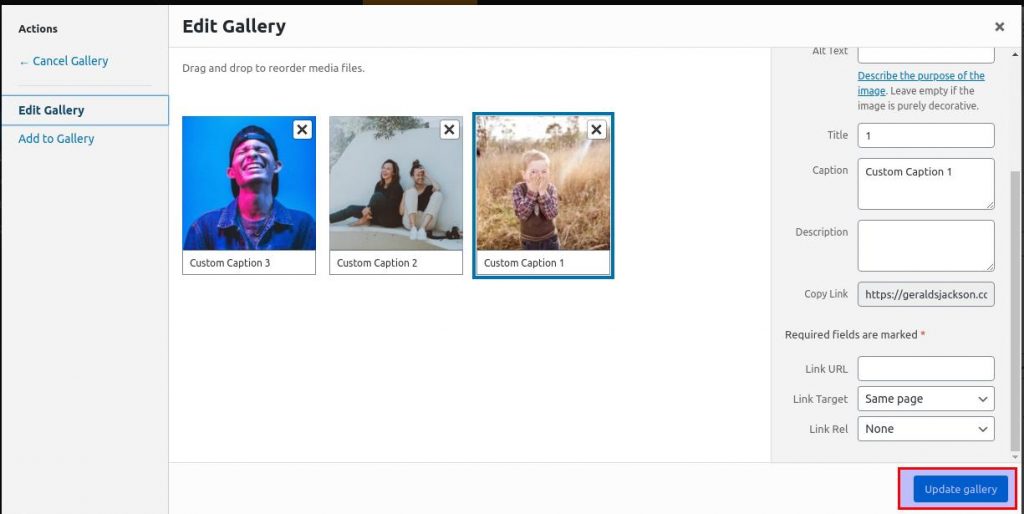 how to use wordpress gallery custom links update gallery