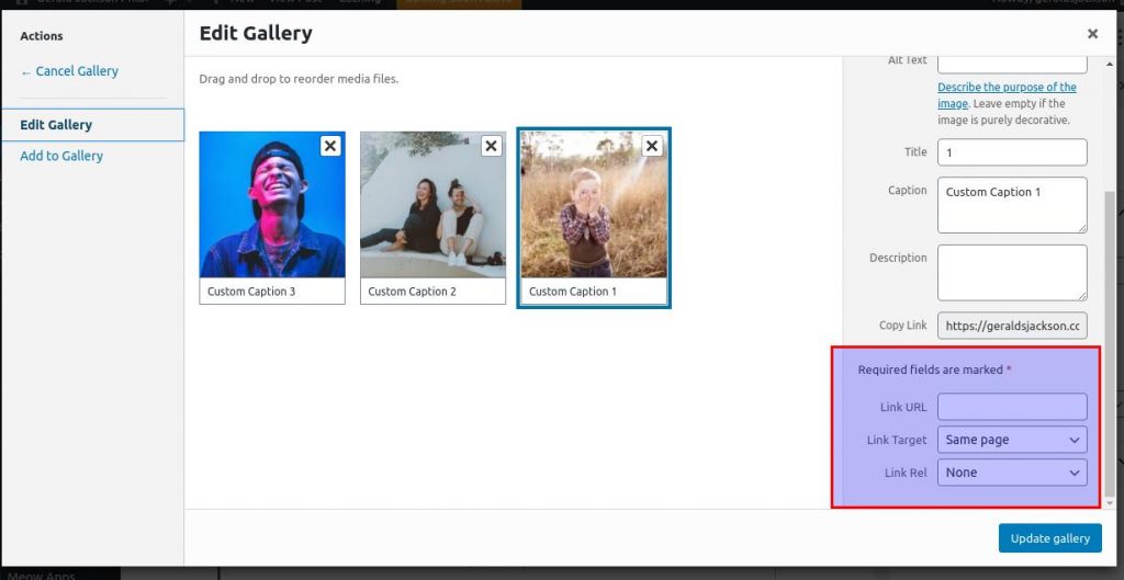 how to use wordpress gallery custom links custom link url