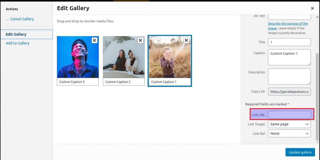 how to use wordpress gallery custom links link url