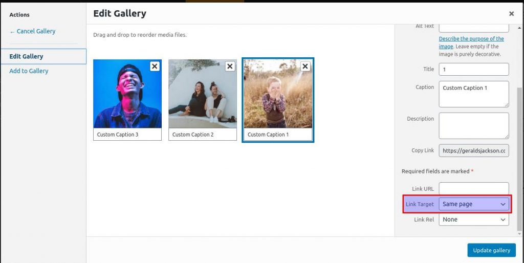 how to use wordpress gallery custom links link target