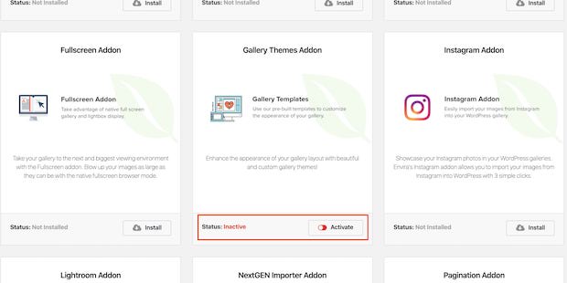 activate gallery themes addon envira gallery