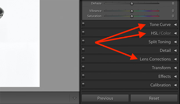 develop module categories tone curve hsl lens corrections lightroom