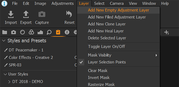 add new adjustment layer in capture one