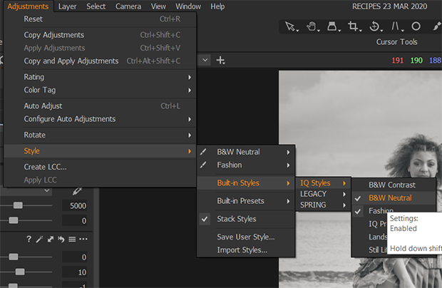 styles or presets for capture one