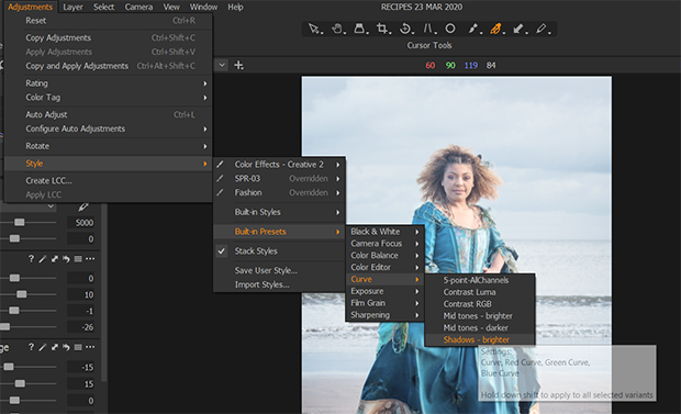 built-in presets in capture one