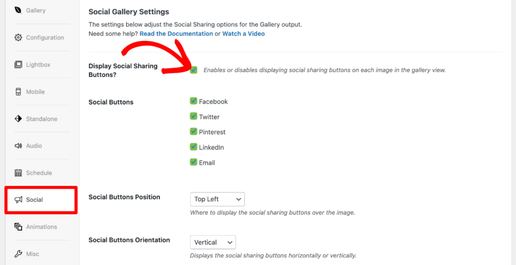 Gallery settings - Enable social share buttons