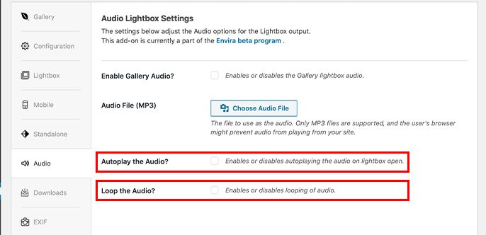 Autoplay or loop audio for Envira galleries