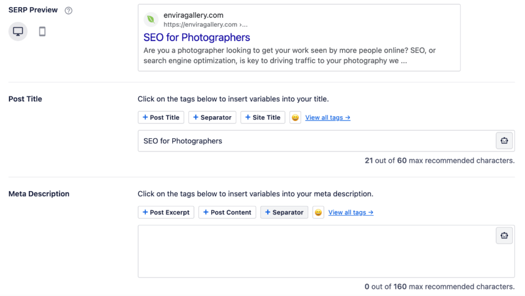 AIOSEO SERP preview, post title, and meta description - SEO for Photographers