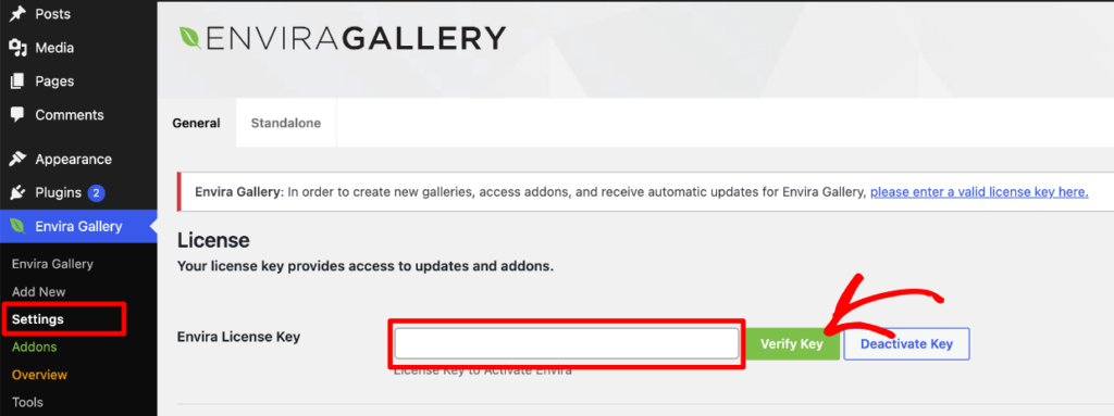Envira Gallery Verify License Key