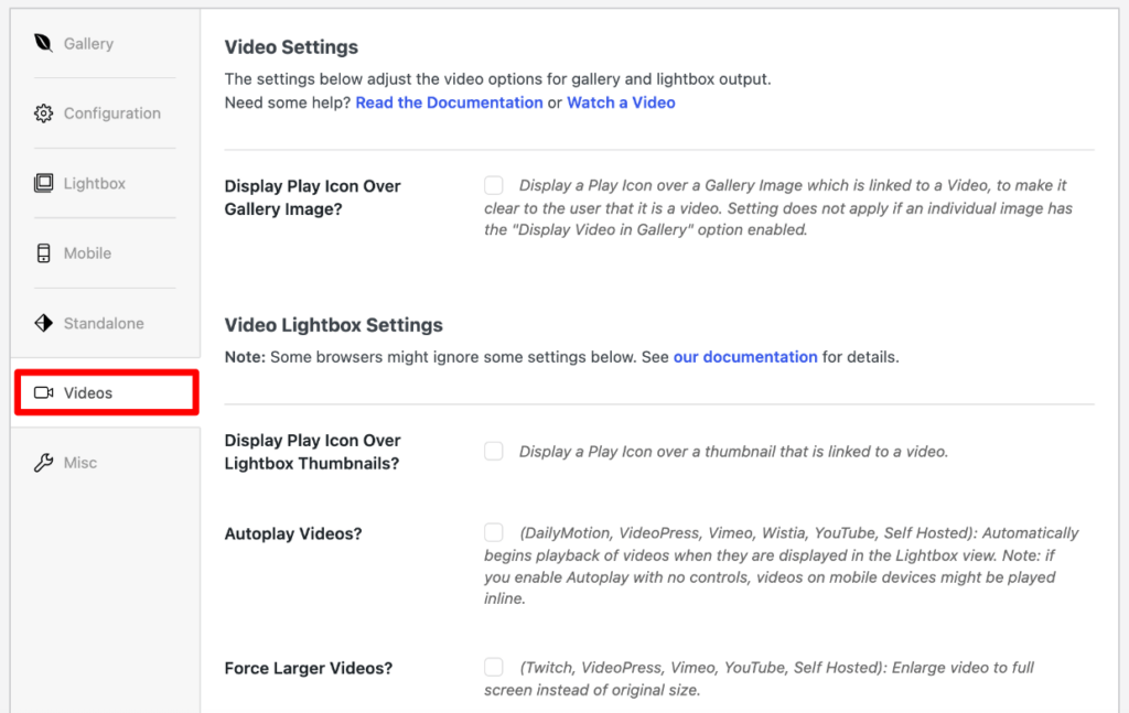 Envira Gallery video settings