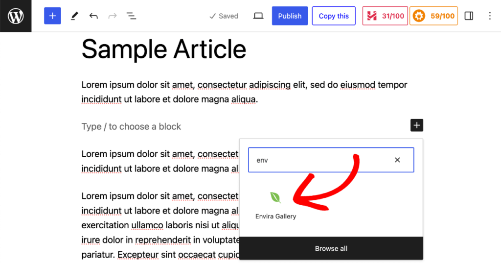 Insert Envira Gallery block in post