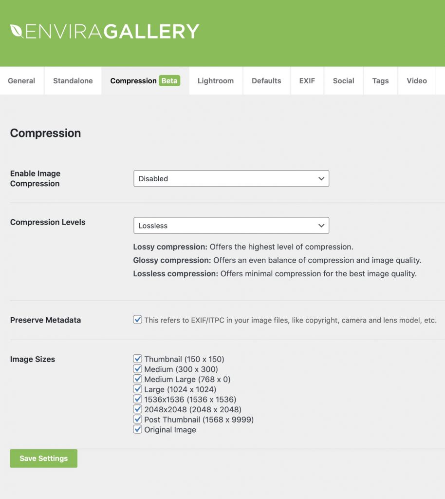 Envira Gallery Image Compression Settings