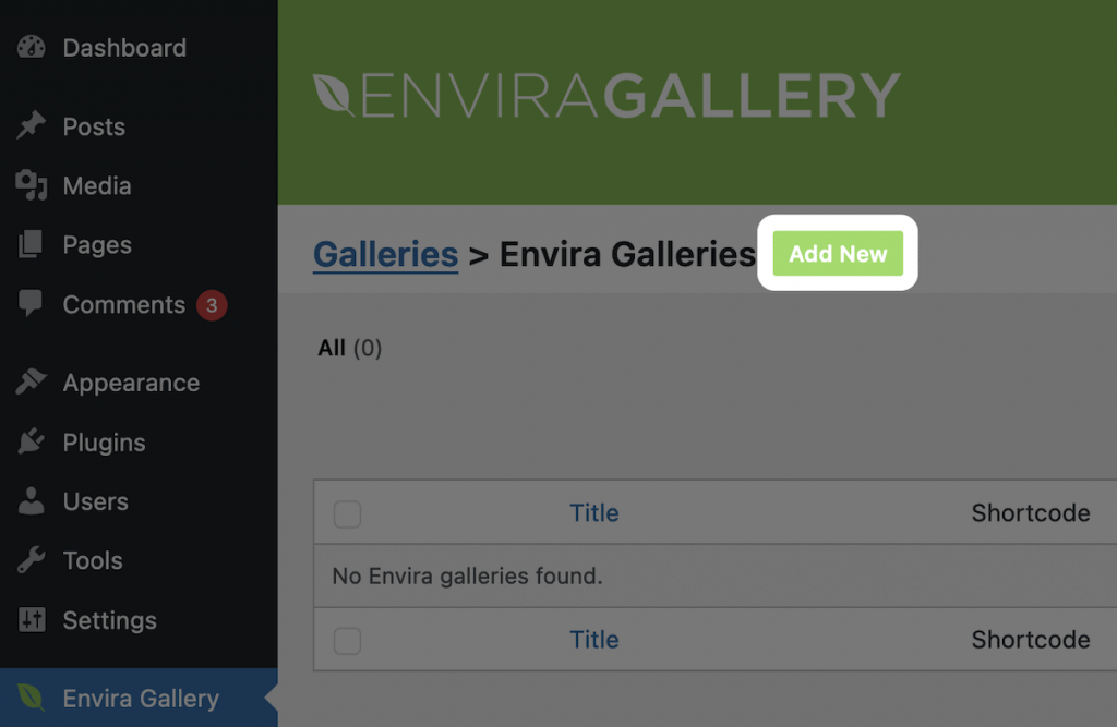 Adding a new gallery in Envira Gallery.