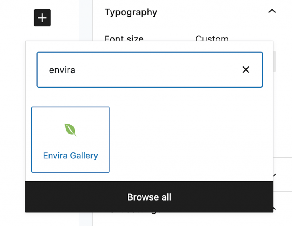 Choosing the Envira Gallery Block.