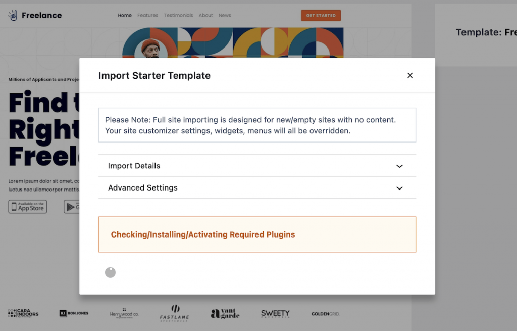 Installing the starter template in WordPress.