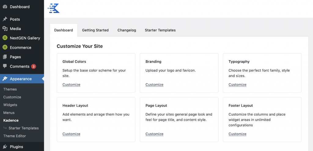 The Kadence dashboard.