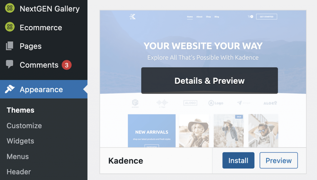 Installing the Kadence theme.