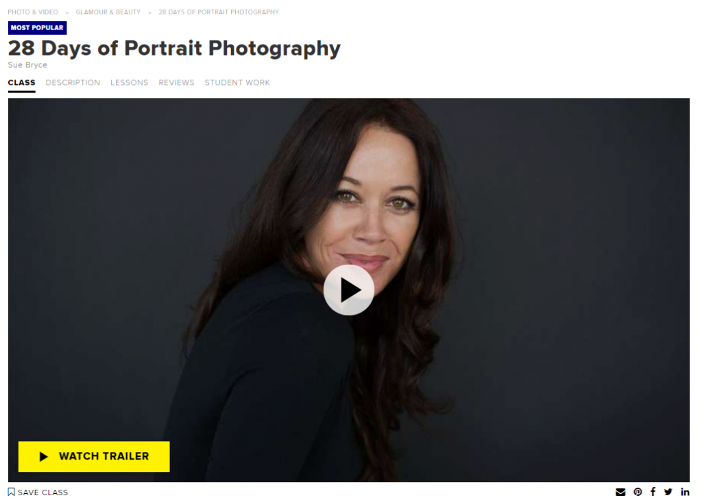 Screenshot of a 28 days of portrait photography course displaying a portrait of Sue Bryce