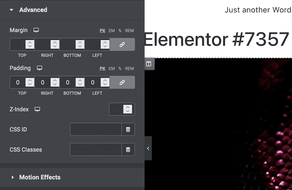 Elementor's Advanced settings, showing the Margin and Padding options.