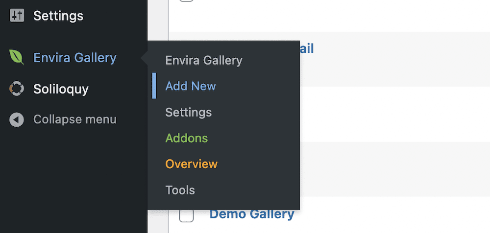 The Envira Gallery Add New link.