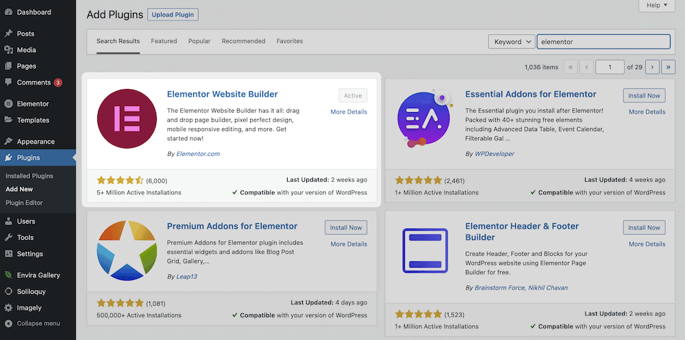 The Elementor plugin card, within the Plugins screen.