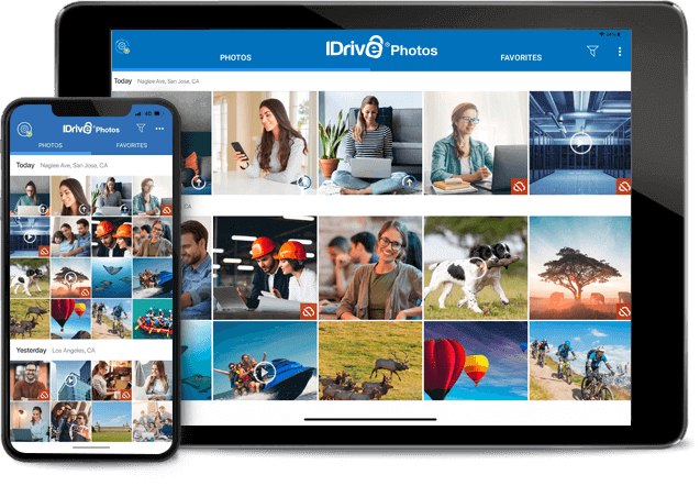 IDrive online photo storage application on a tablet and a smartphone