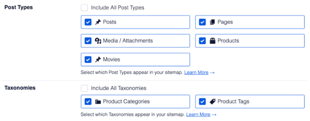 AIOSEO sitemap - post types and taxonomies