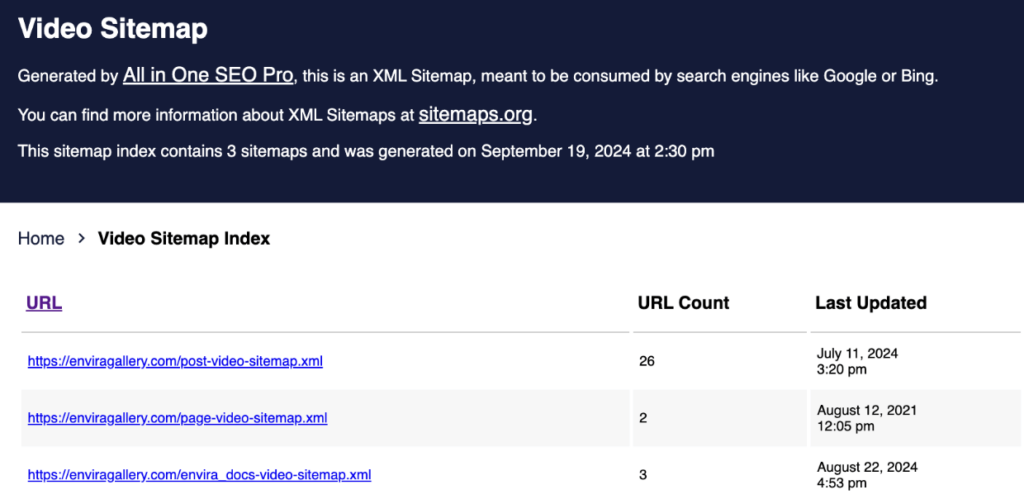 Video sitemap XML index example