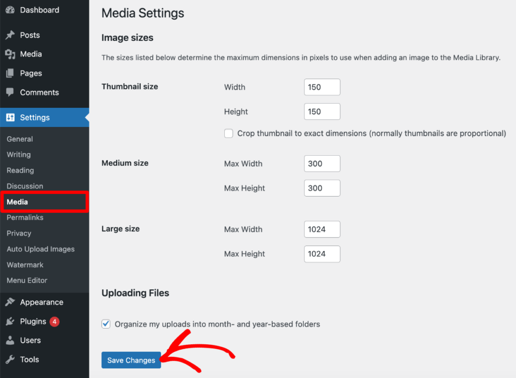 default WordPress image sizes