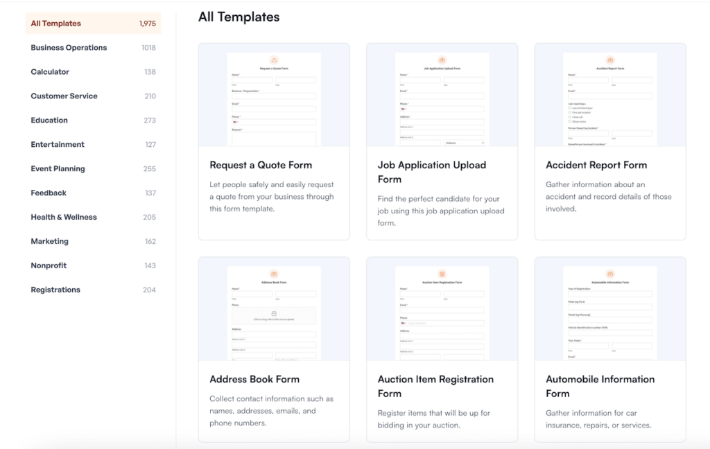 WPForms template library