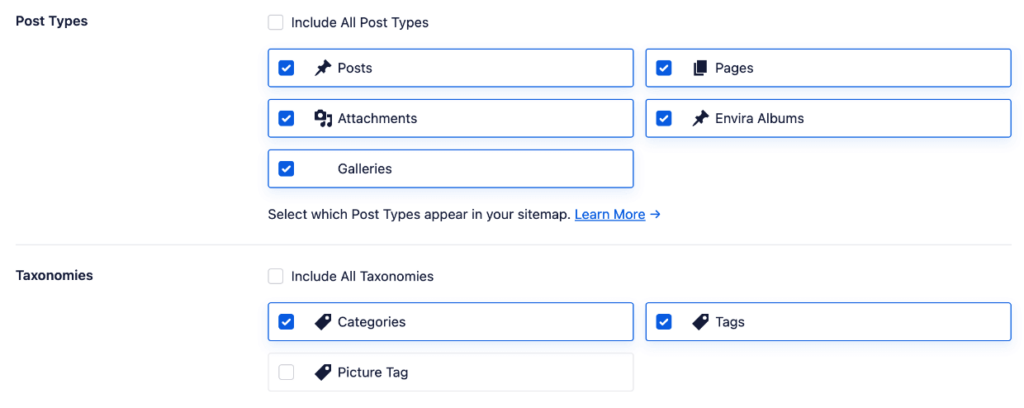 AIOSEO Sitemap Settings - Post Types and Taxonomies