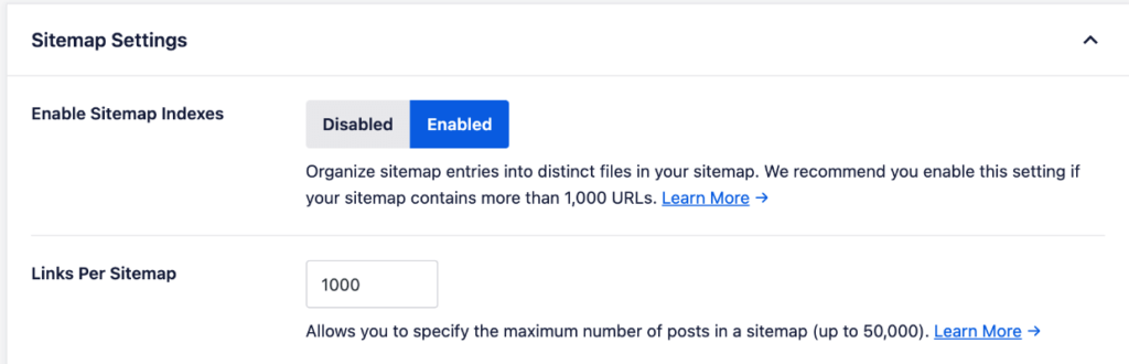 AIOSEO Sitemap Settings - Enable sitemap indexes